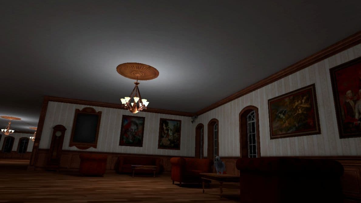 The dark hall of the mansion in The Burglar Puzzle